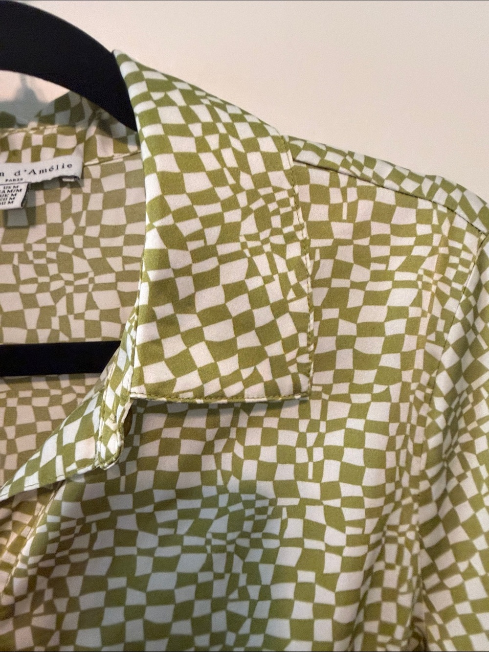Maison D’Amelie Tie-Front Checker 70s Vibe Button-Down Shirt - Olive Green Size - Picture 9 of 14